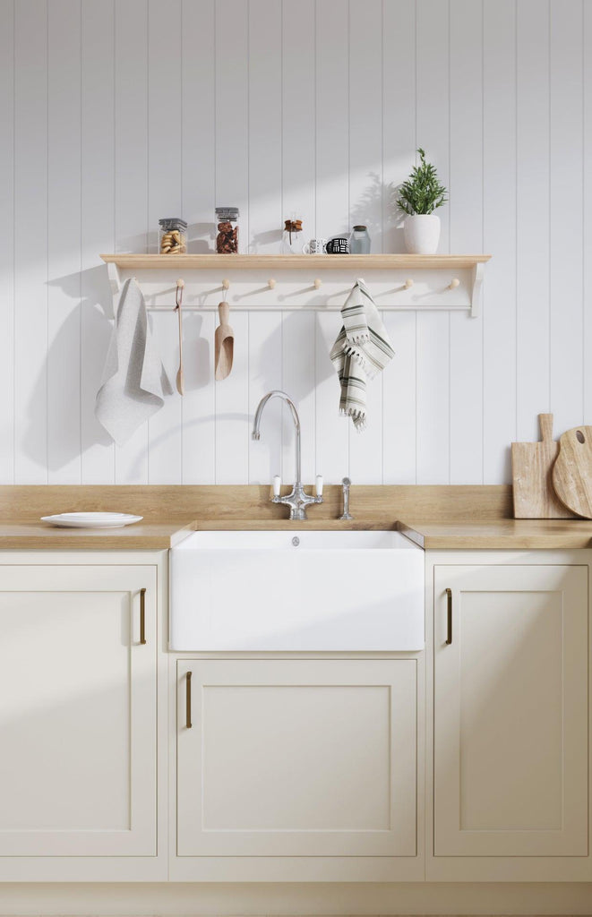 Shaker Peg Shelf | Oak Top and Pegs | 13cm Deep | Farrow & Ball - All White - Furneco