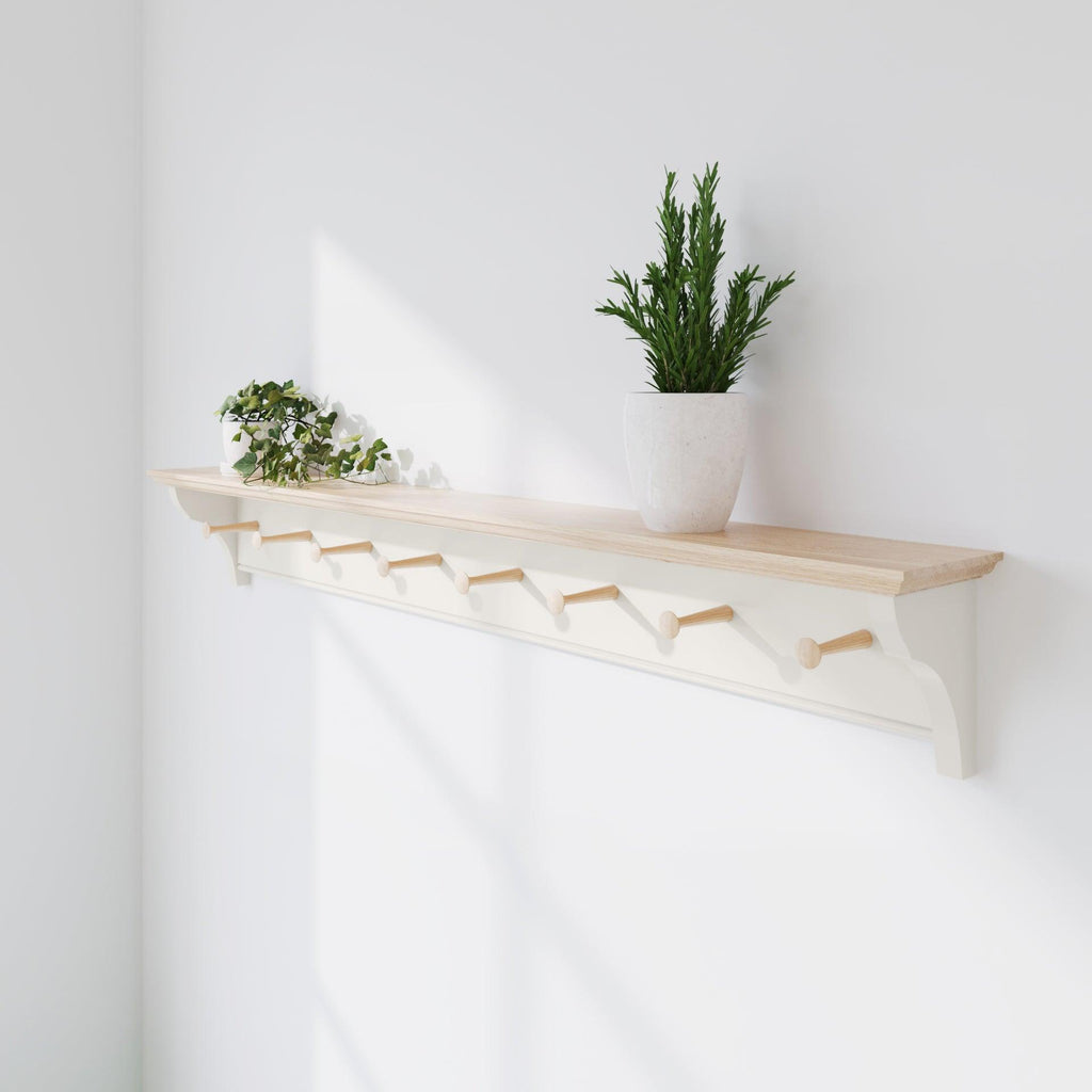 Shaker Peg Shelf | Oak Top and Pegs | 13cm Deep | Farrow & Ball - Cornforth White - Furneco