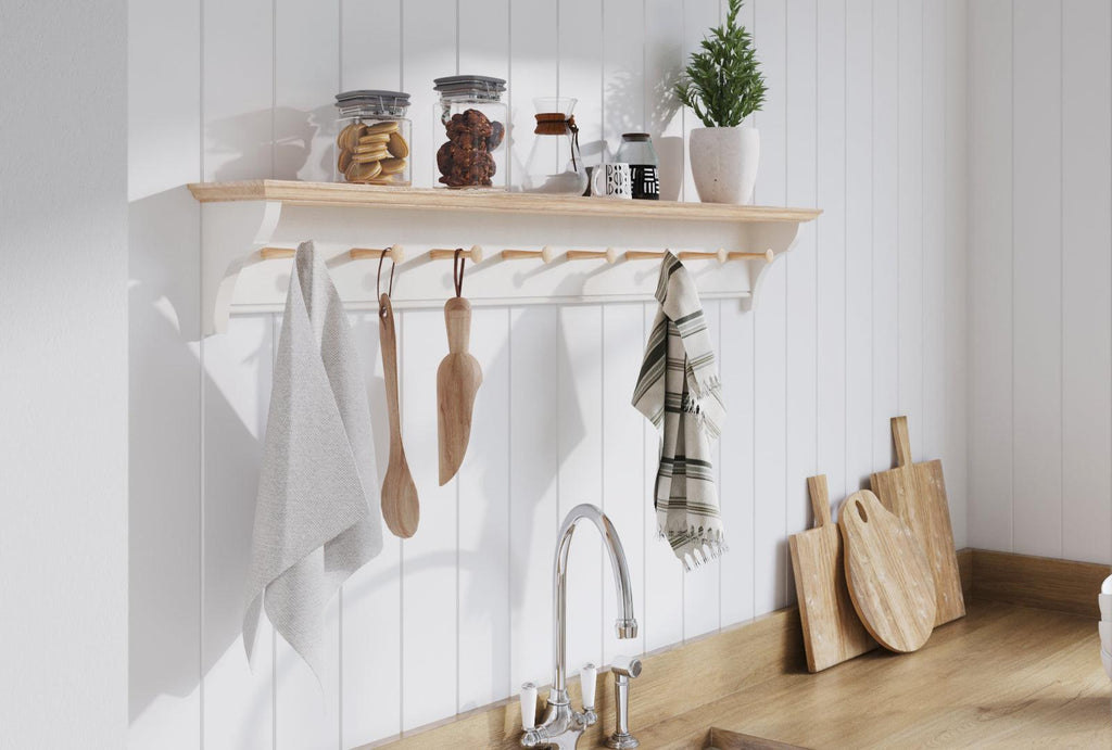 Shaker Peg Shelf | Oak Top and Pegs | 13cm Deep | Farrow & Ball - Elephant's Breath - Furneco