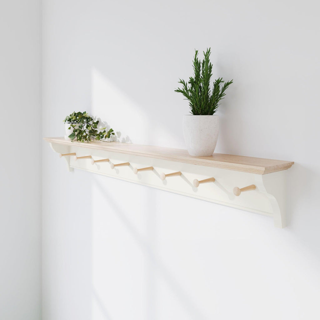 Shaker Peg Shelf | Oak Top and Pegs | 13cm Deep | Farrow & Ball - Wimborne White - Furneco