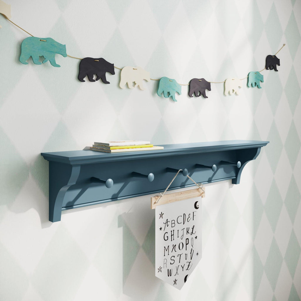 Shaker Peg Shelf | Painted Pegs | 13cm Deep | Farrow & Ball - Stiffkey Blue - Furneco